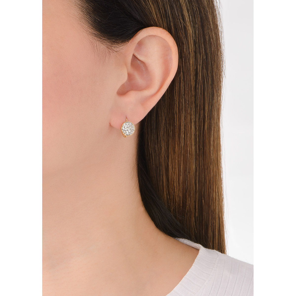 Brillantes aretes en baño de oro, con una radiante piedra en tono cristal incrustada.
-        Aretes chicos
-        Patente
-        Baño de Oro 18k
-        Piedras en tono cristal
