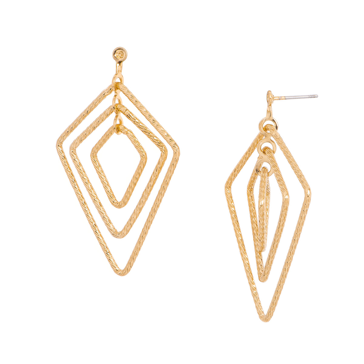 Aretes en baño de oro con un diseño geométrico moderno. Formados por múltiples figuras de rombos entrelazados que cuelgan uno dentro del otro, con un acabado texturizado, en baño de oro.
-        Aretes grandes
-        Poste
-        Baño de Oro 18k
