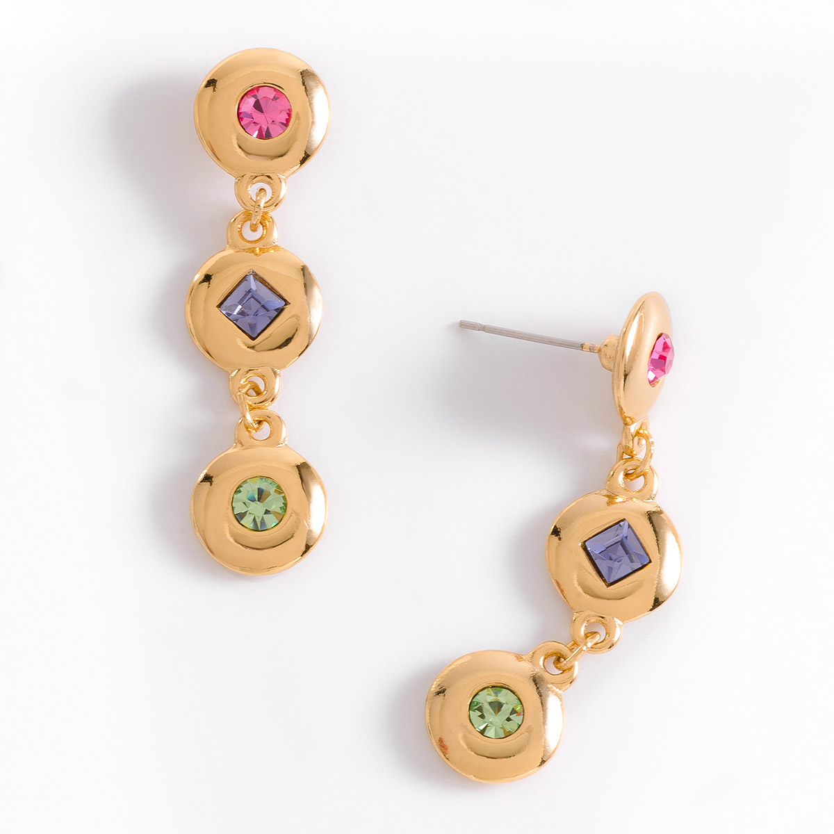 Aretes largos con baño de oro piedras morado rosa verde