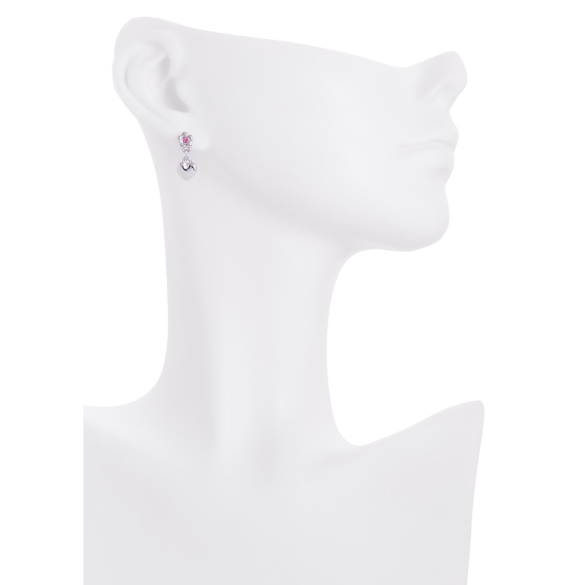 Hermosos aretes en baño de platino con diseño de flor adornada al centro con una piedra en tono rosa, y acompañado con un dije en forma de corazón.
-        Aretes chicos con poste
-        Baño de Platino
-        Piedra en tono rosa
