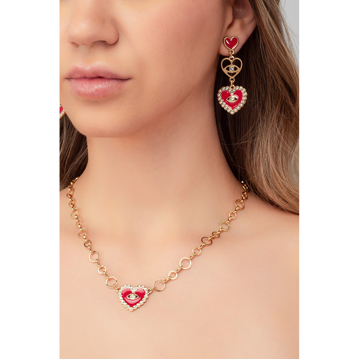 Aretes de Oro 18k con Corazones y Ojo Turco