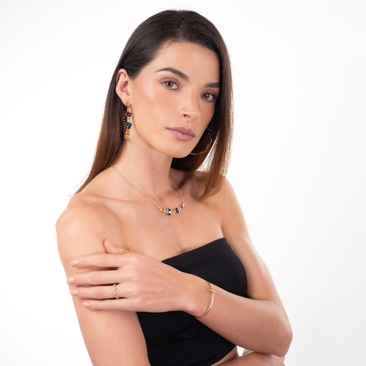 Aretes en baño de oro aros cadena piedras toque brillante