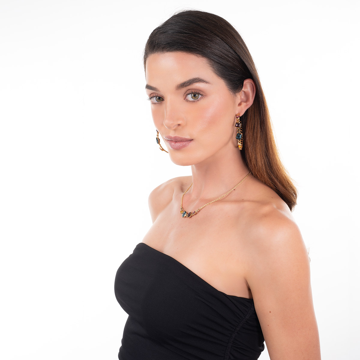 Aretes en baño de oro aros cadena piedras toque brillante