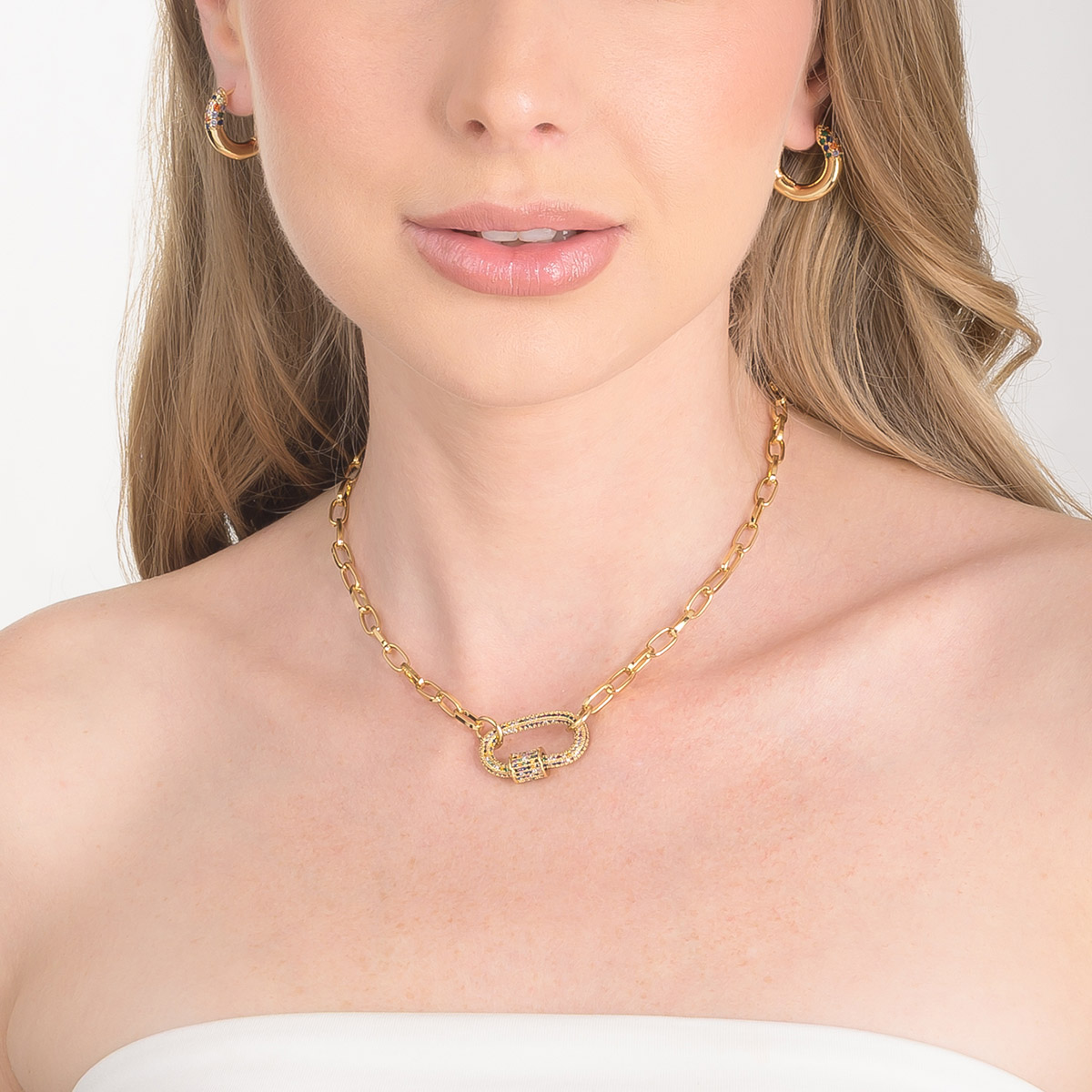 Aretes en baño de oro aro grueso piedras multicolor brillante