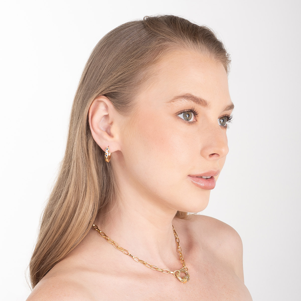 Aretes en baño de oro aro grueso piedras multicolor brillante