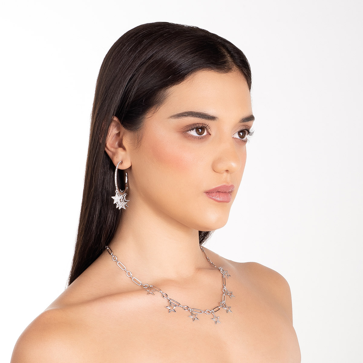 Aretes en baño de rodio argollas dijes de estrellas brillantes