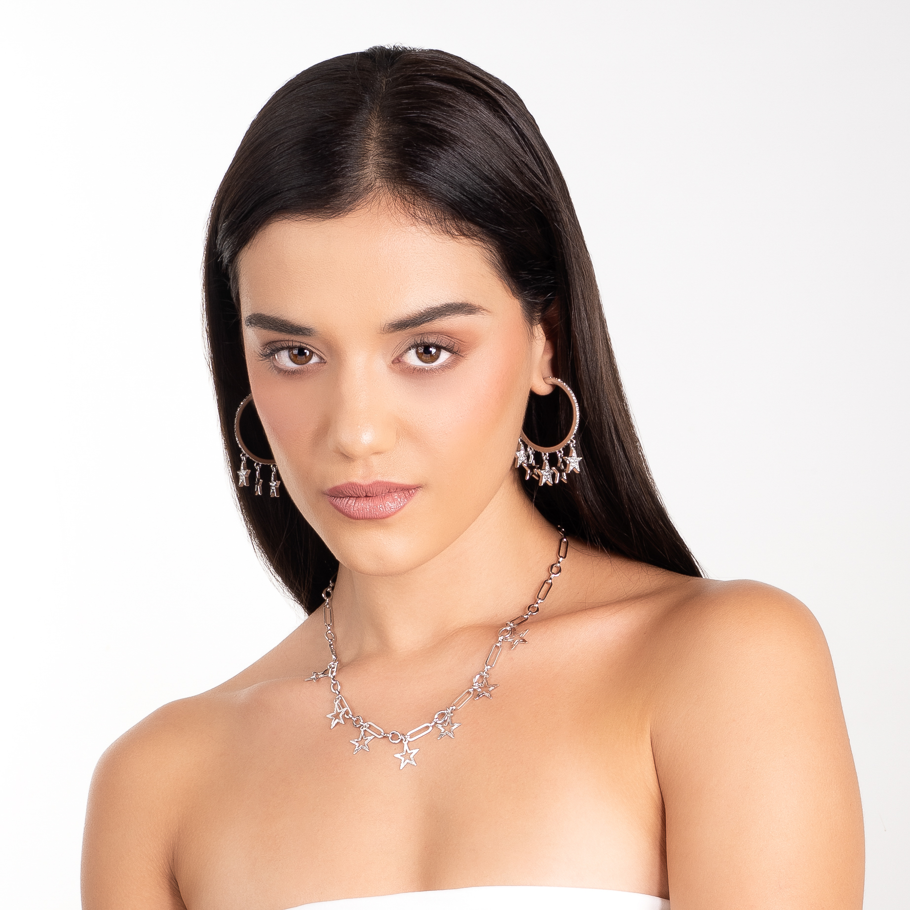 Aretes en baño de rodio argollas dijes de estrellas brillantes