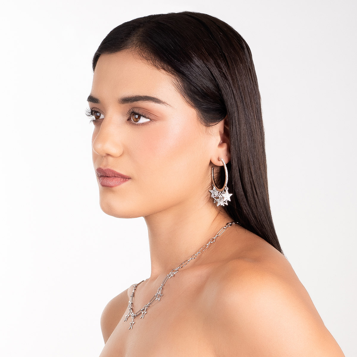 Aretes en baño de rodio argollas dijes de estrellas brillantes