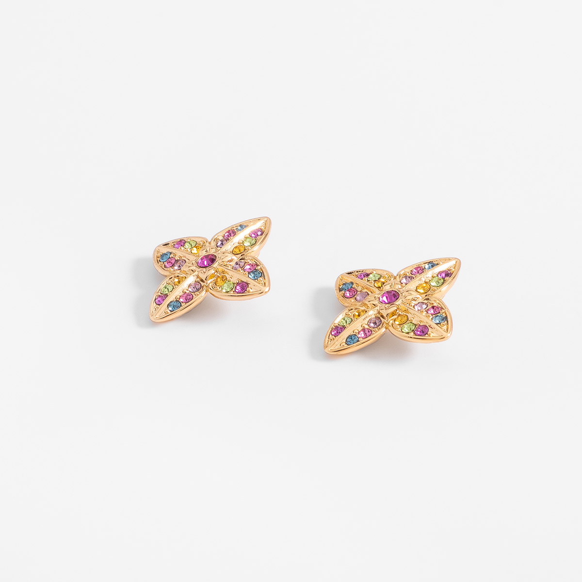 Aretes en baño de oro diseño flor con piedras multicolor