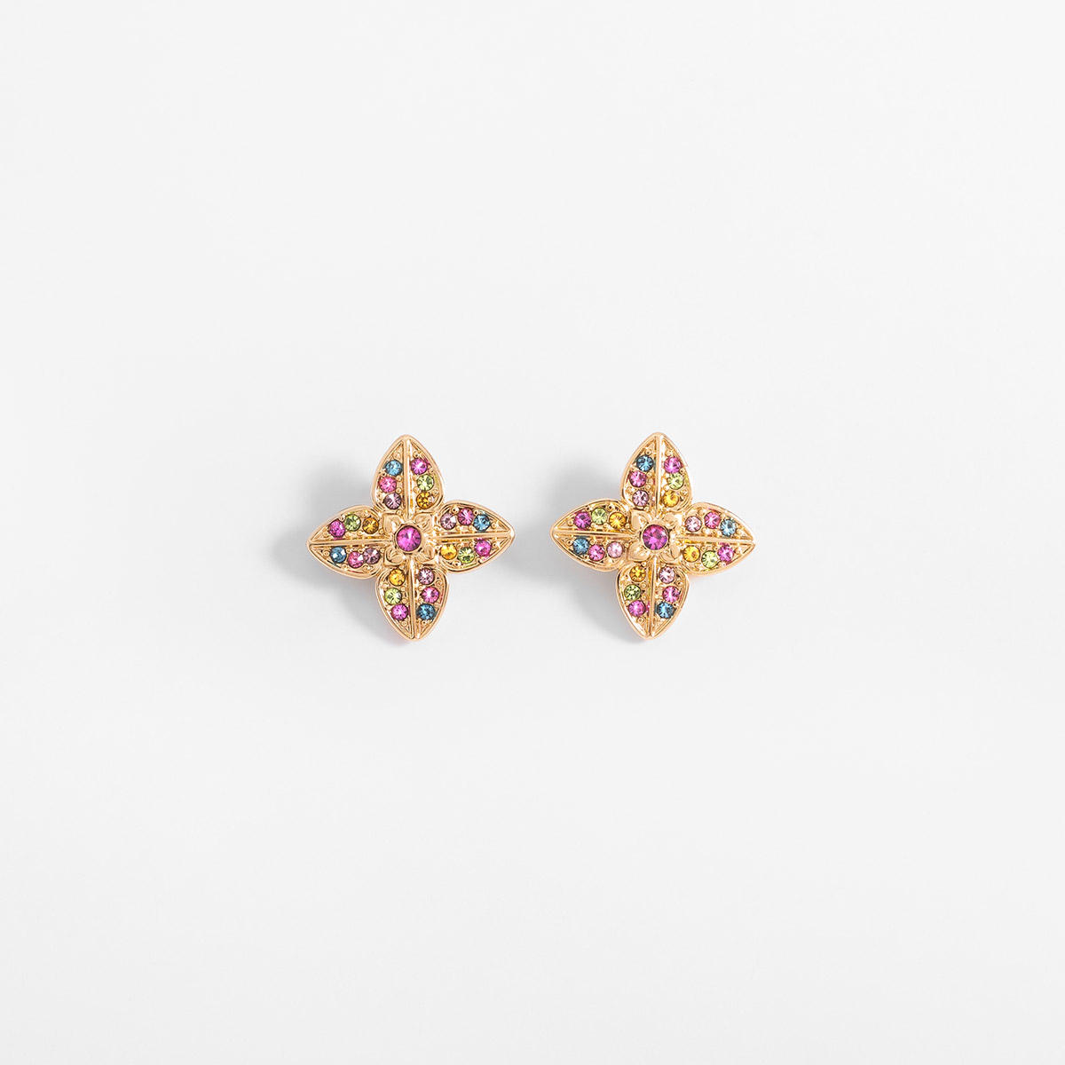 Aretes en baño de oro diseño flor con piedras multicolor