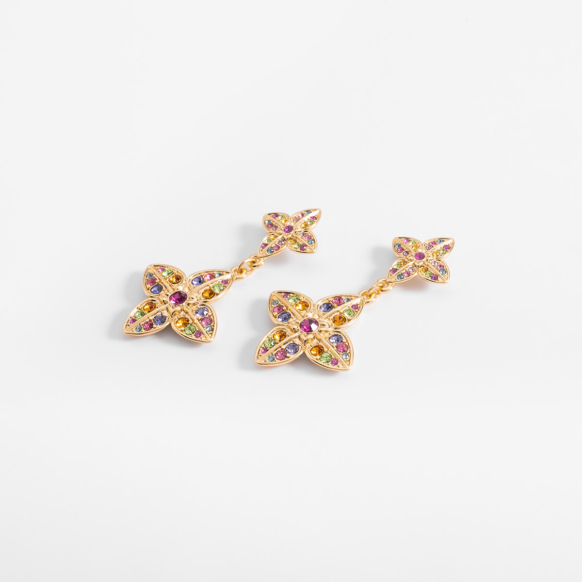 Aretes en baño de oro colgantes flor piedras multicolor 5 cm