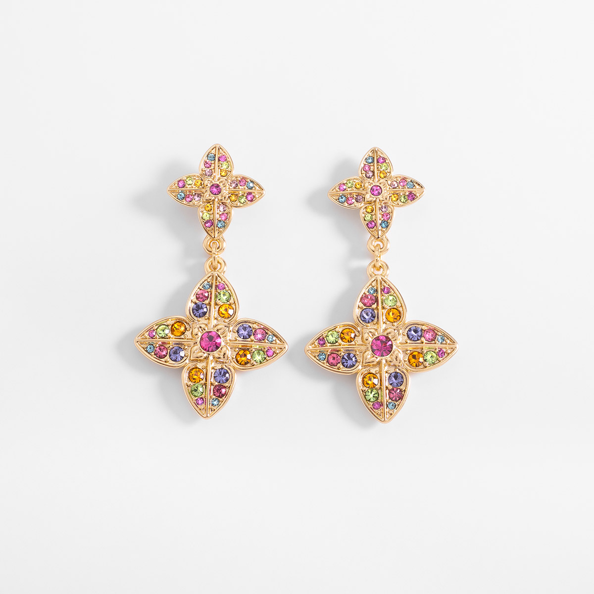Aretes en baño de oro colgantes flor piedras multicolor 5 cm