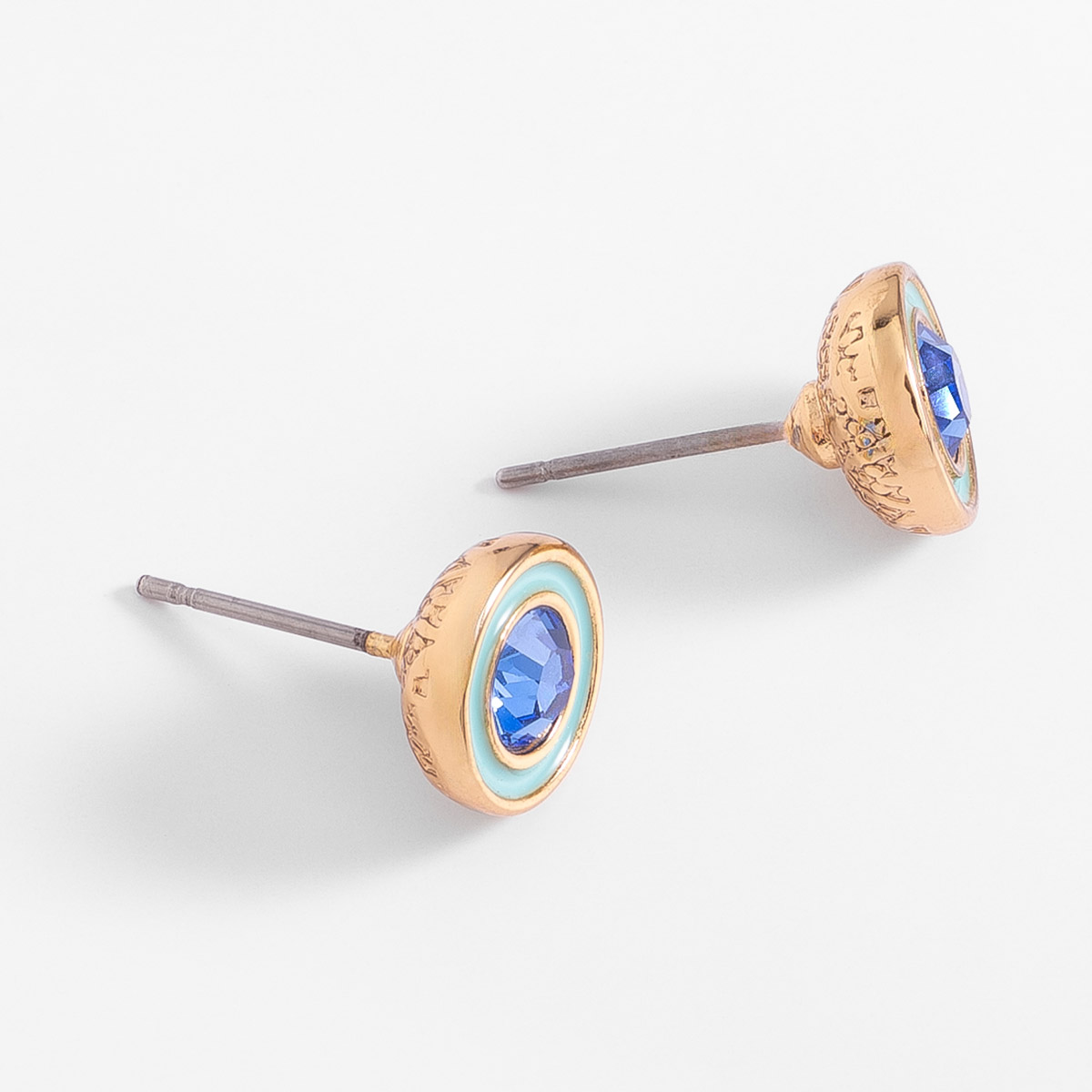 Aretes en baño de oro centro azul esmalte pastel moderno