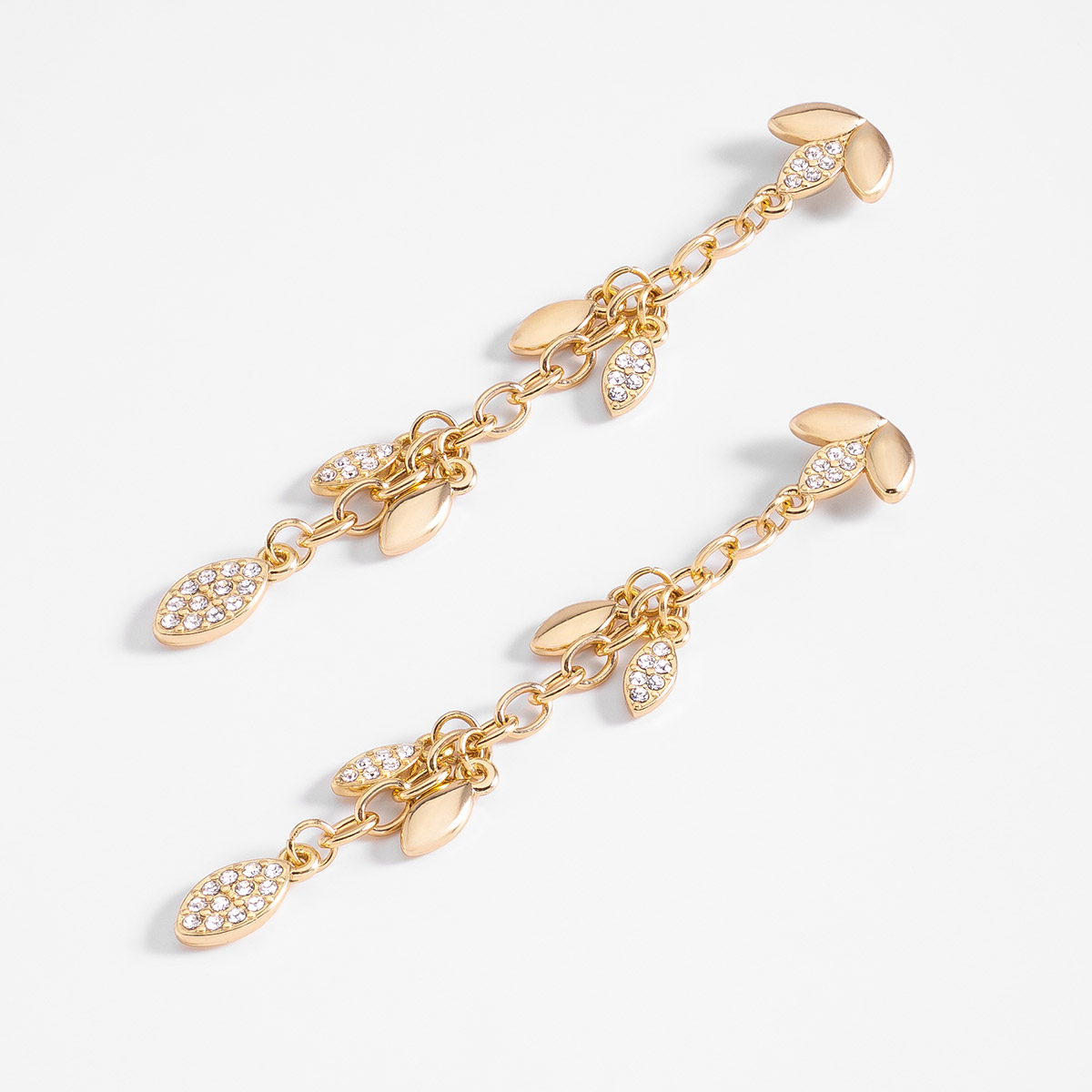 Aretes en baño de oro colgantes hoja toque brillante 7 cm