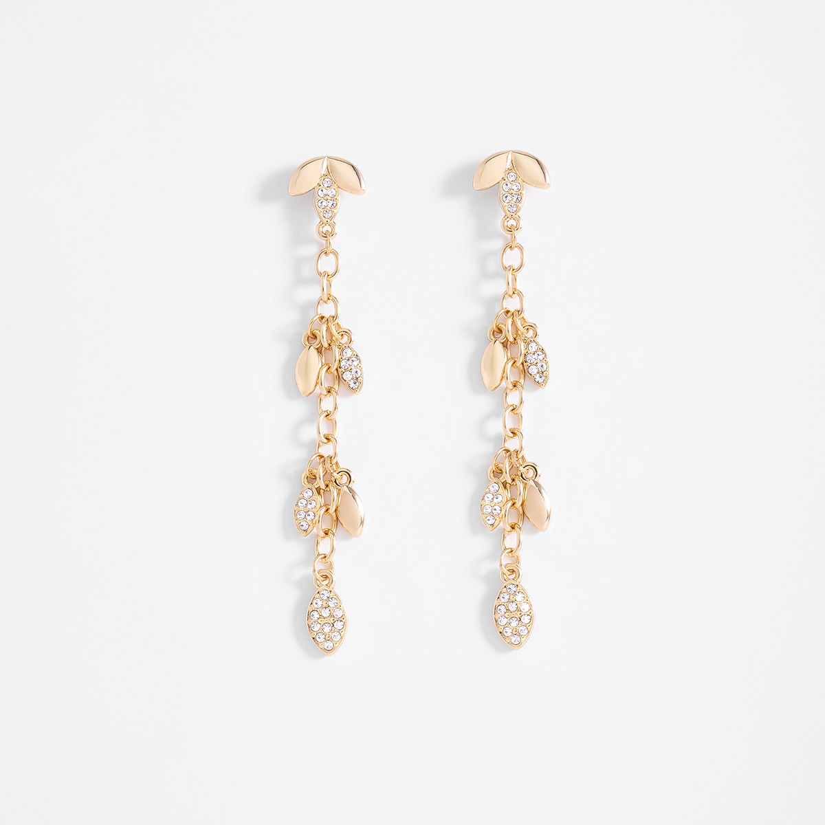 Aretes en baño de oro colgantes hoja toque brillante 7 cm