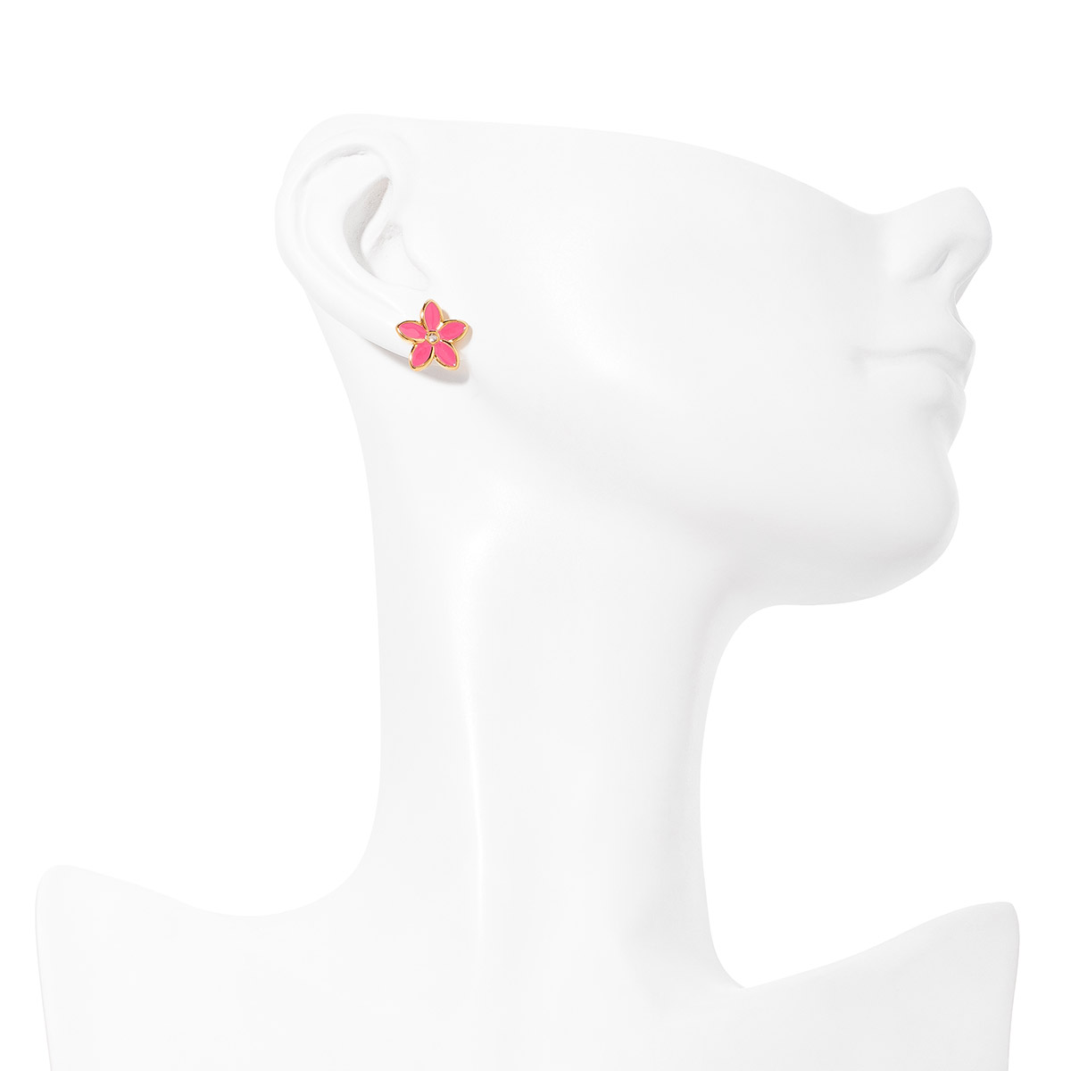 Aretes en baño de oro diseño flor esmalte rosa y toque brillante