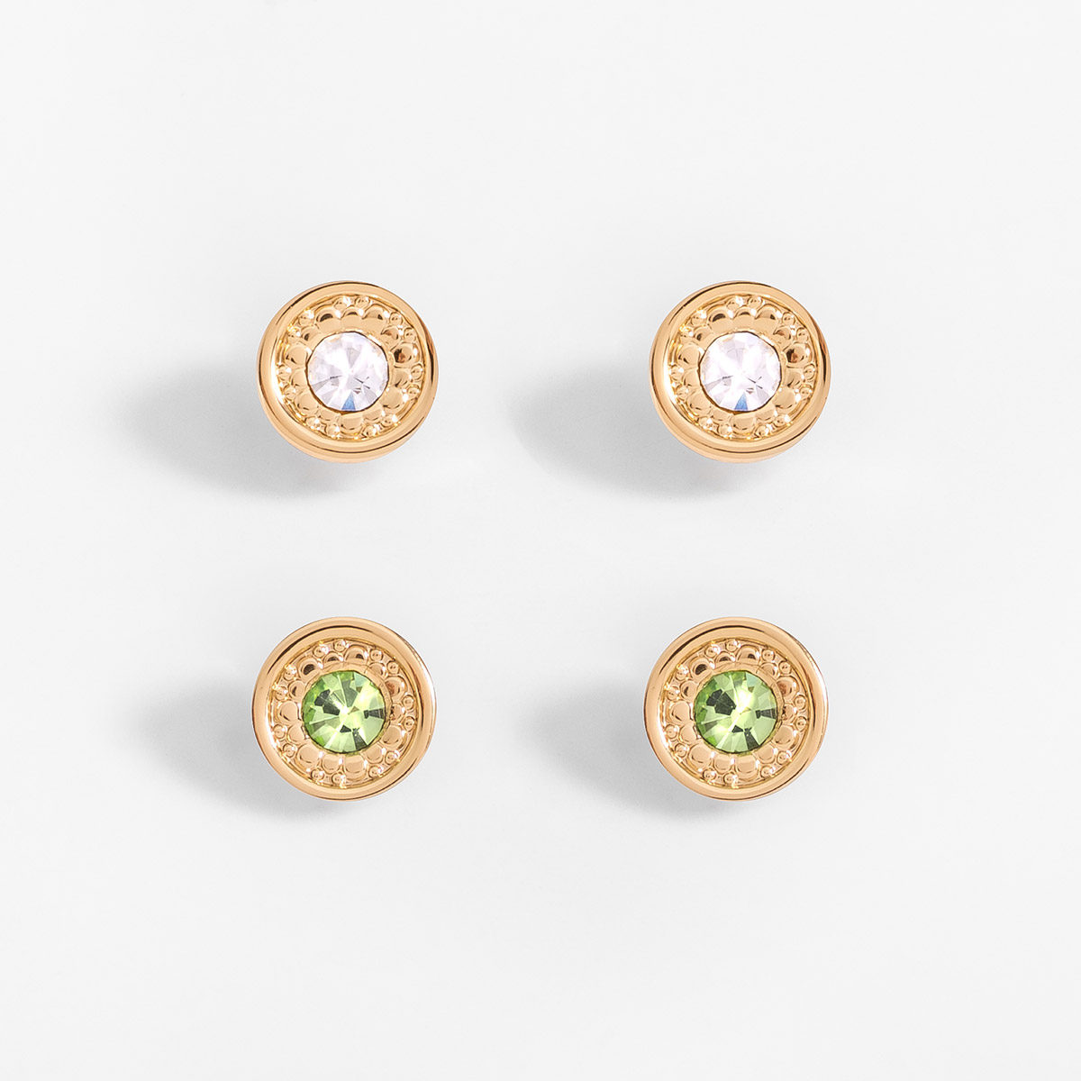 Aretes poste en baño de oro con piedras verde y brillante