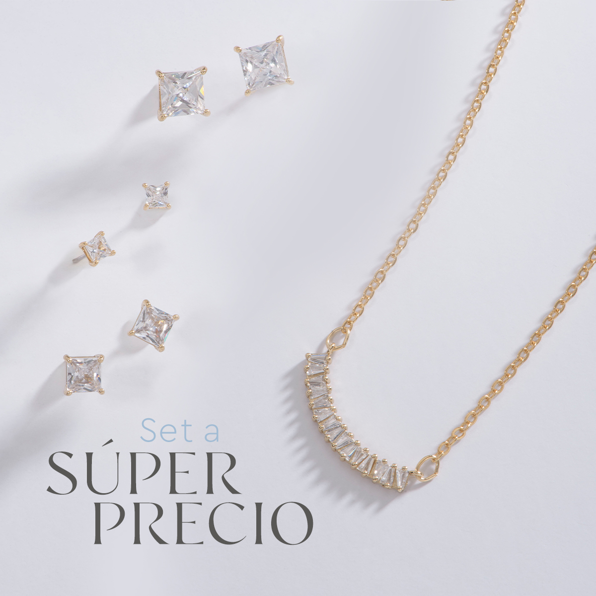 Set de diseños clásicos y modernos: tres pares de aretes con una piedra cuadrada incrustada en tono cristal. El set se complementa con un collar con un dije en diseño de piedras unidas formando una hilera en curva. Todo en baño de oro de 18k.