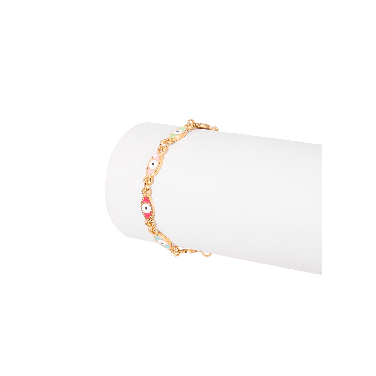Pulsera en baño de oro con dijes de ojo y esmalte en tonos pastel