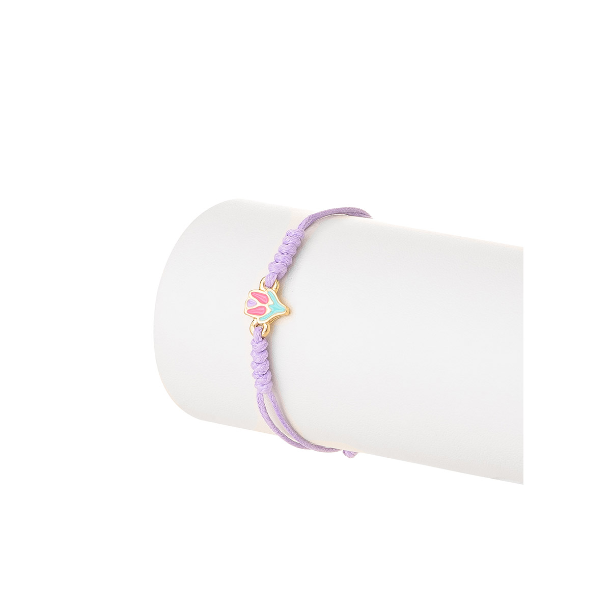 Pulsera ajustable con figurita de flor, en baño de oro, con cordón lila, con esmalte en tonos fucsia, morado y aqua.