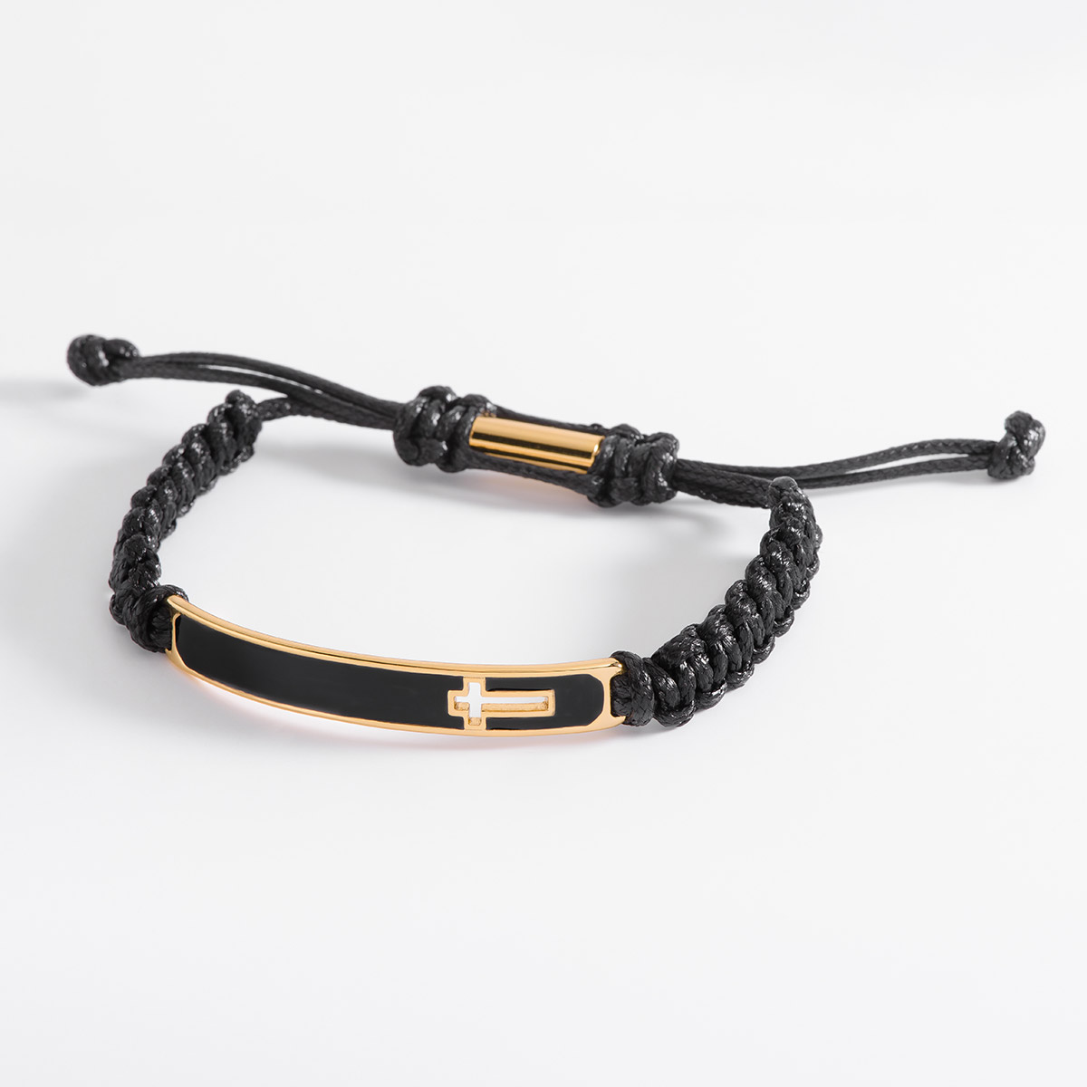 Pulsera Ajustable en Negro con Cruz y Baño de Oro 18k