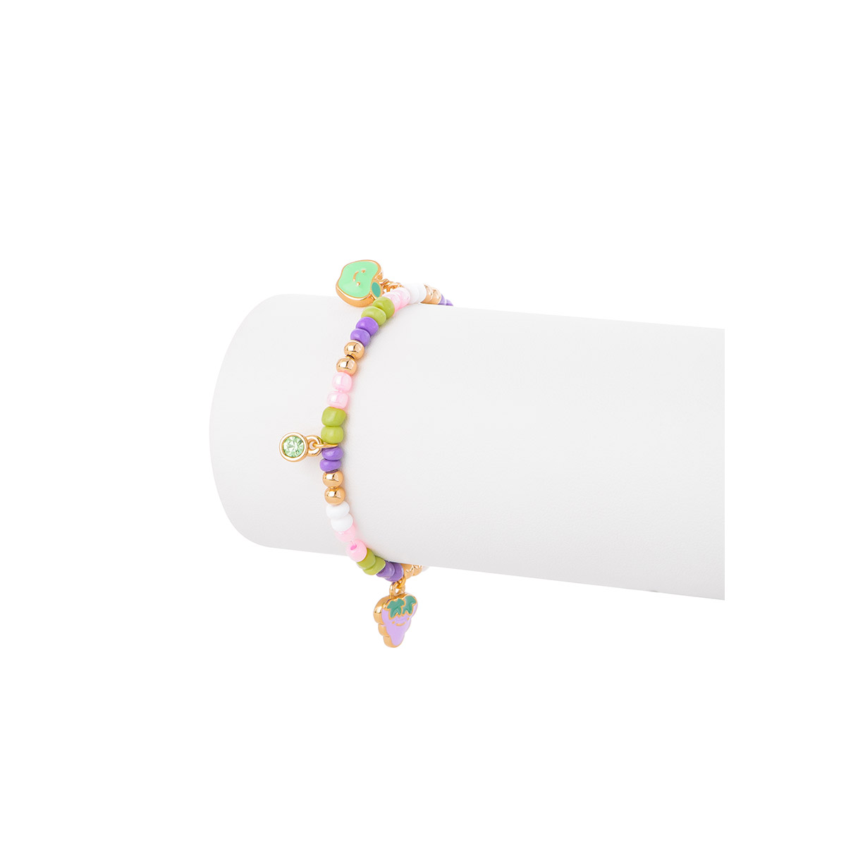 Colorida pulsera en baño de oro con cuentas en tono pastel: verde, lila, risa y blanco, con divertidos dijes frutales. Combínala con tus collares y aretes.
-        Pulsera
-        Medida única
-        Baño de Oro 18k
-        Esmalte en tono verde y morado
-        Piedras en tono rosa y verde
