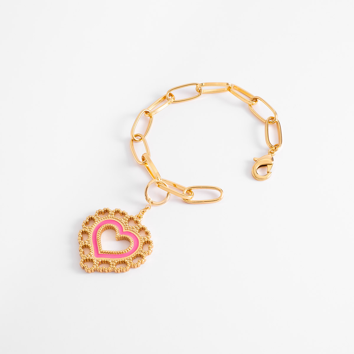 Pulsera Corazón Rosa con Eslabones en Baño de Oro