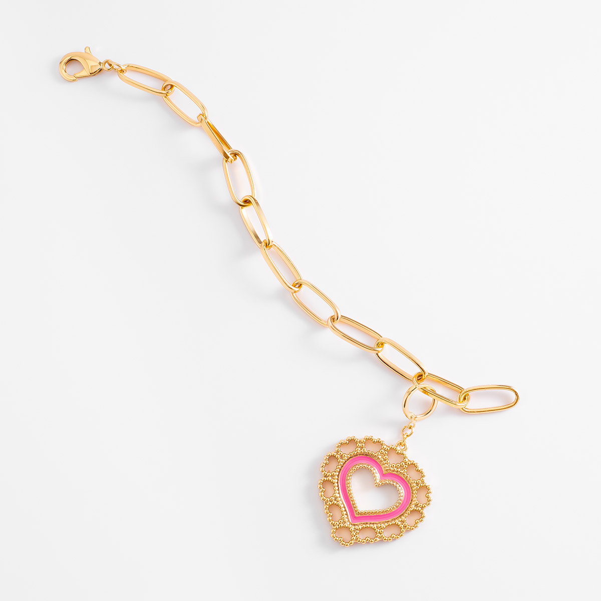 Pulsera Corazón Rosa con Eslabones en Baño de Oro