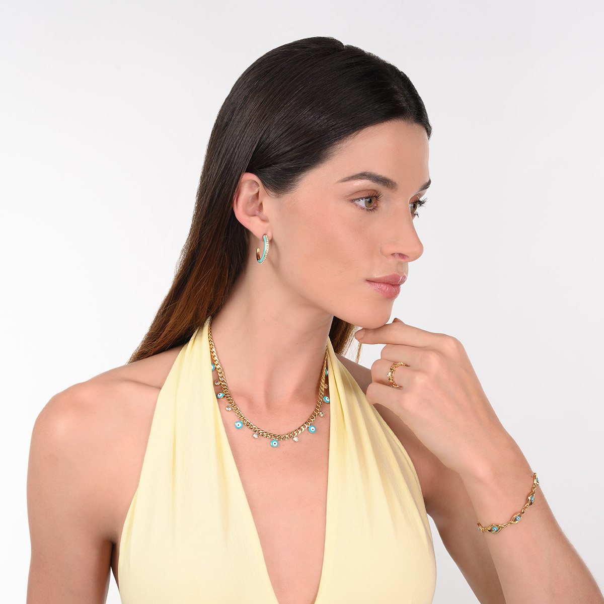 Pulsera en baño de oro dijes ojo turco turquesa moderno