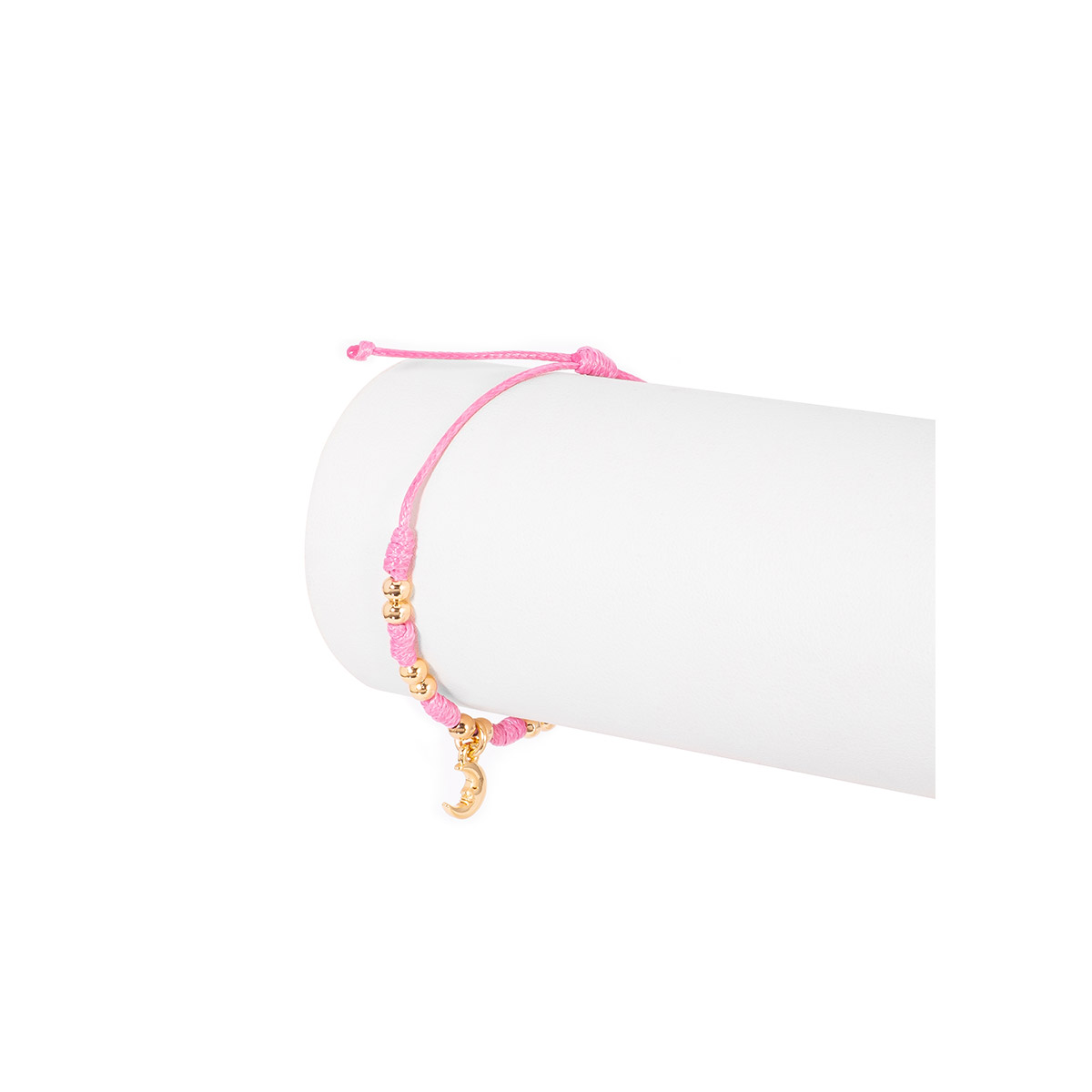 Pulsera de hilo rosa con cuentas y dije de luna en baño de oro