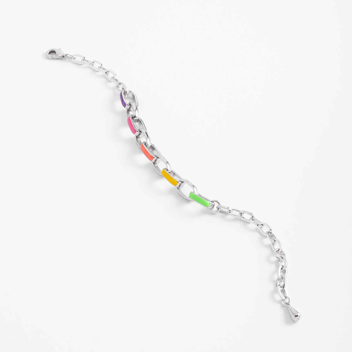 Pulsera en baño de rodio con eslabones decorados con esmalte en tonos pastel morado, fucsia, naranja, amarillo y verde claro.