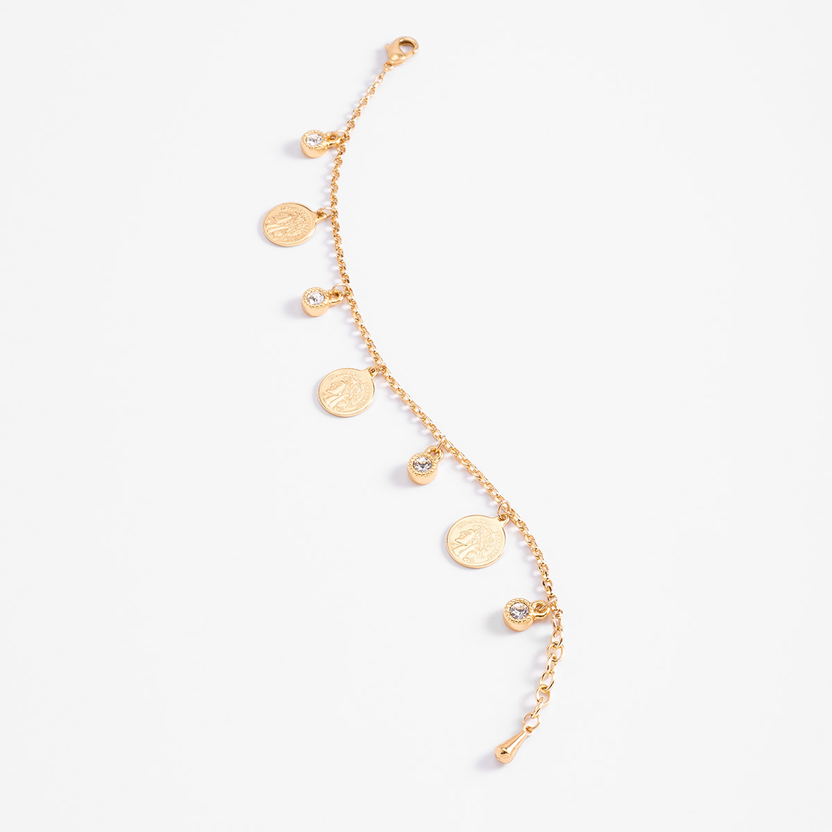 Pulsera en baño de oro dijes de moneda y piedras brillante