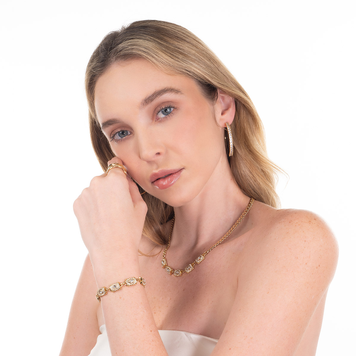 Pulsera en baño de oro eslabones piedras toque brillante