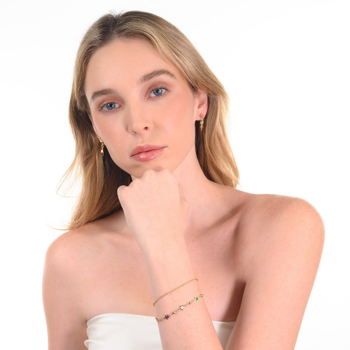 Pulsera en baño de oro doble cadena estrellas colores