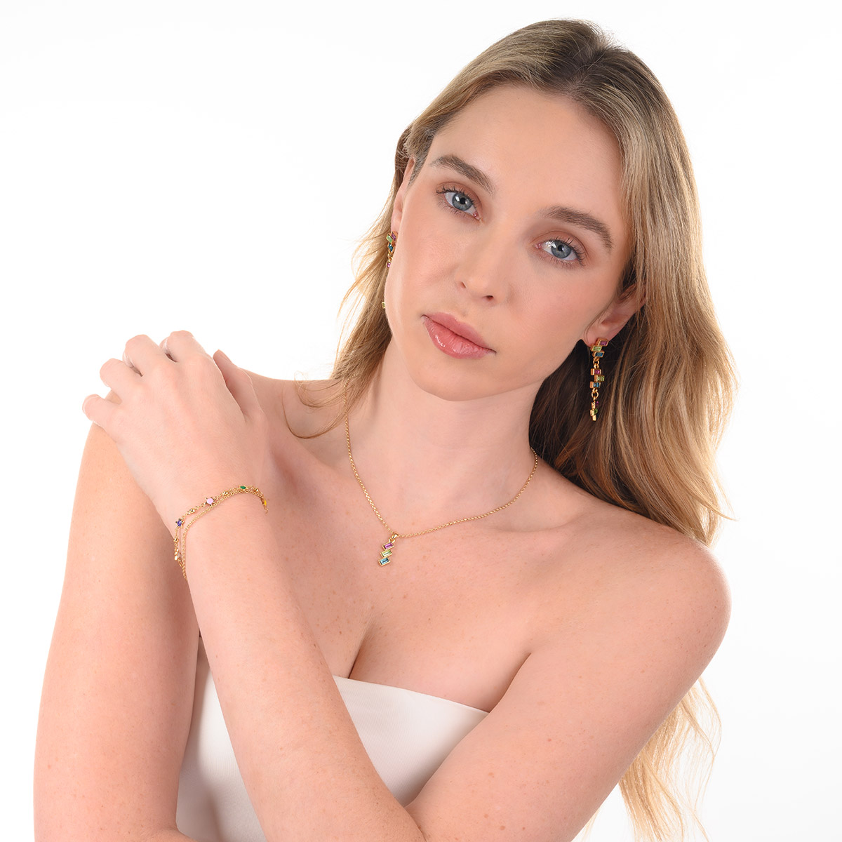 Pulsera en baño de oro doble cadena estrellas colores