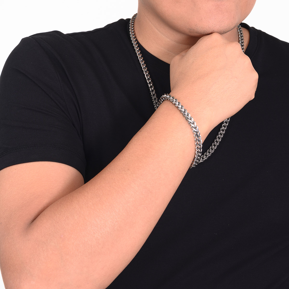 Pulsera en baño de rodio cadena trenzada clásica moderna