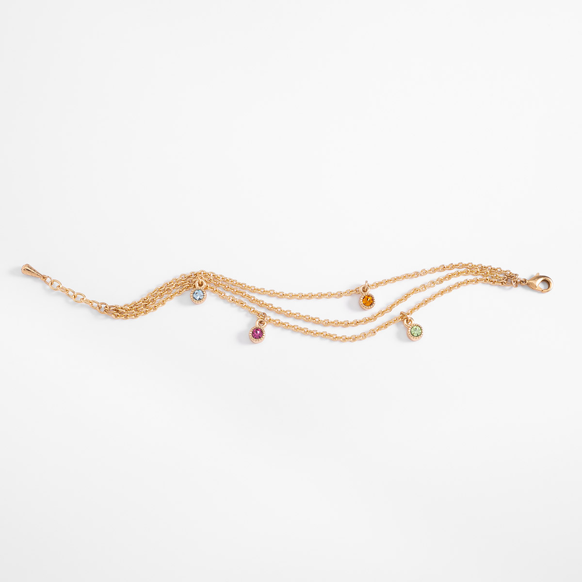 Pulsera en baño de oro con dijes de piedras de color largo 18 cm + 2 cm ext