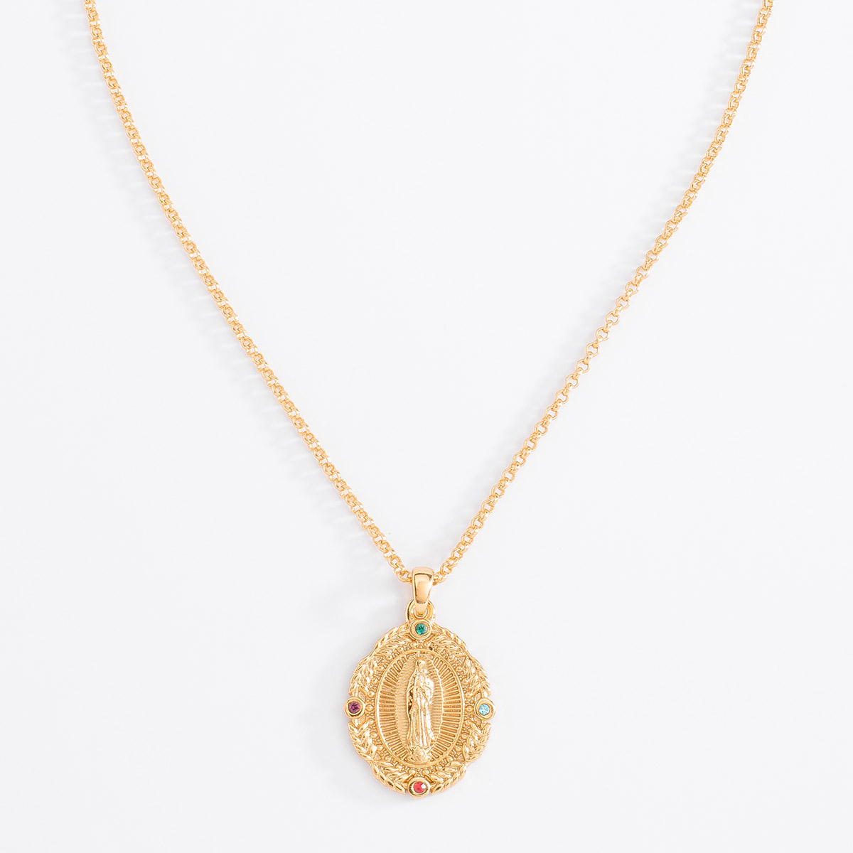 Collar de Virgen de Guadalupe baño de oro con piedras