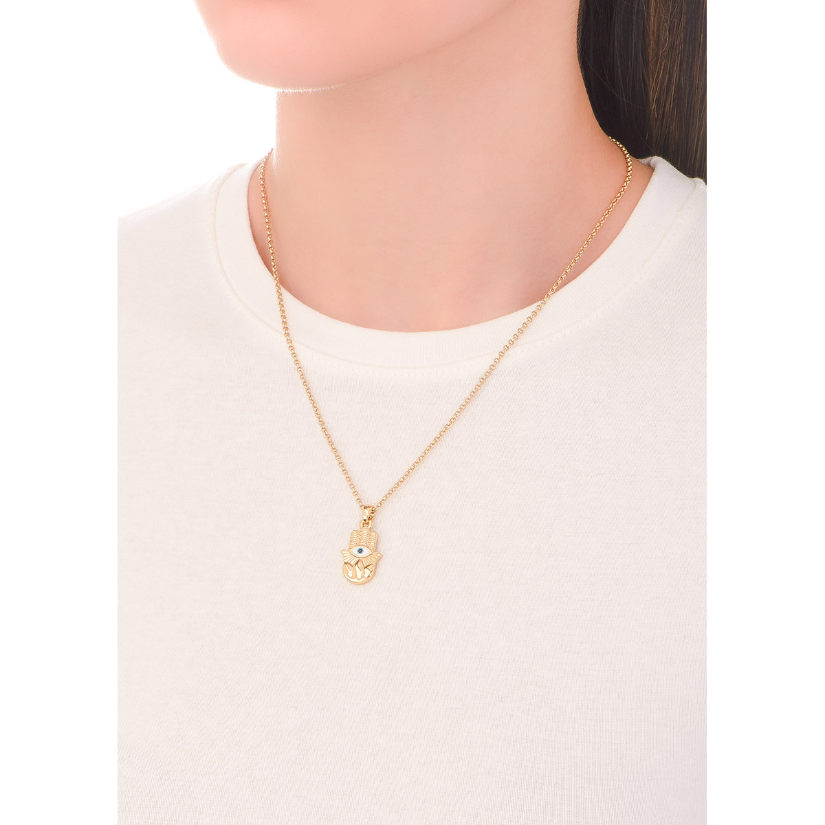 Collar con dije en baño de oro esmalte tonos azul blanco