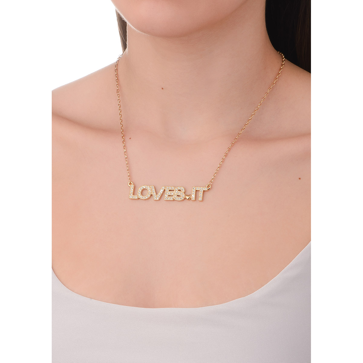 Collar loves it, de 42 cm + 10 cm de ext, en baño de oro, con piedras en tono cristal.