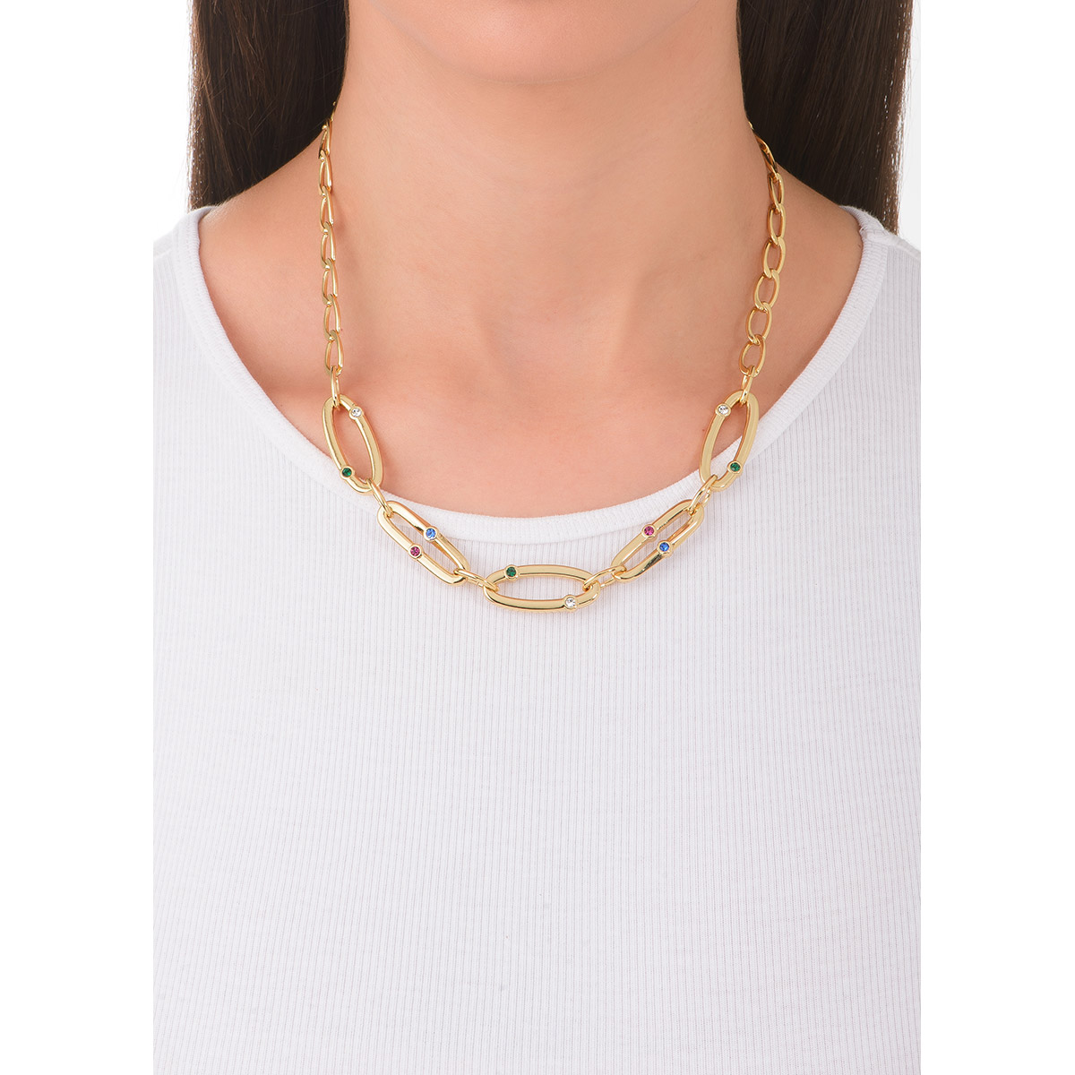 Collar baño de oro con piedras multicolor y eslabones
