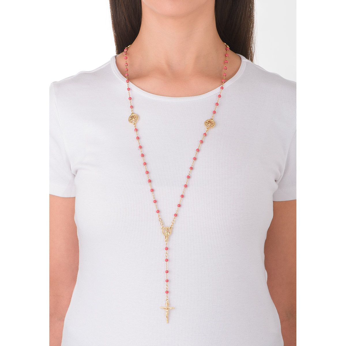 Rosario Virgen de Guadalupe con baño de oro 18k y coral