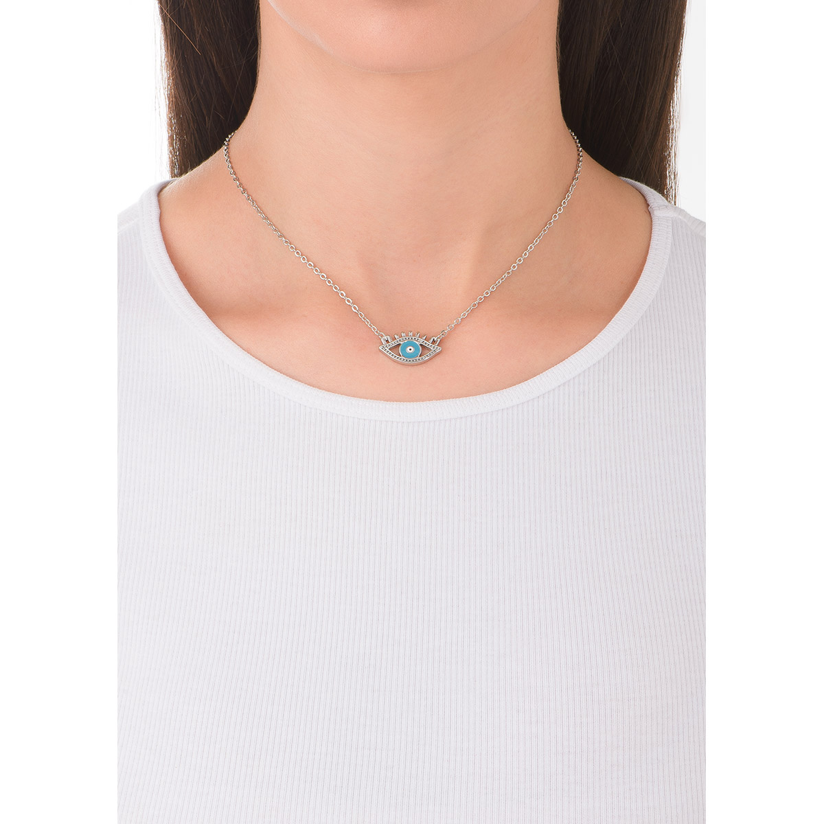 Collar baño platino ojo turco con esmalte azul y cristales