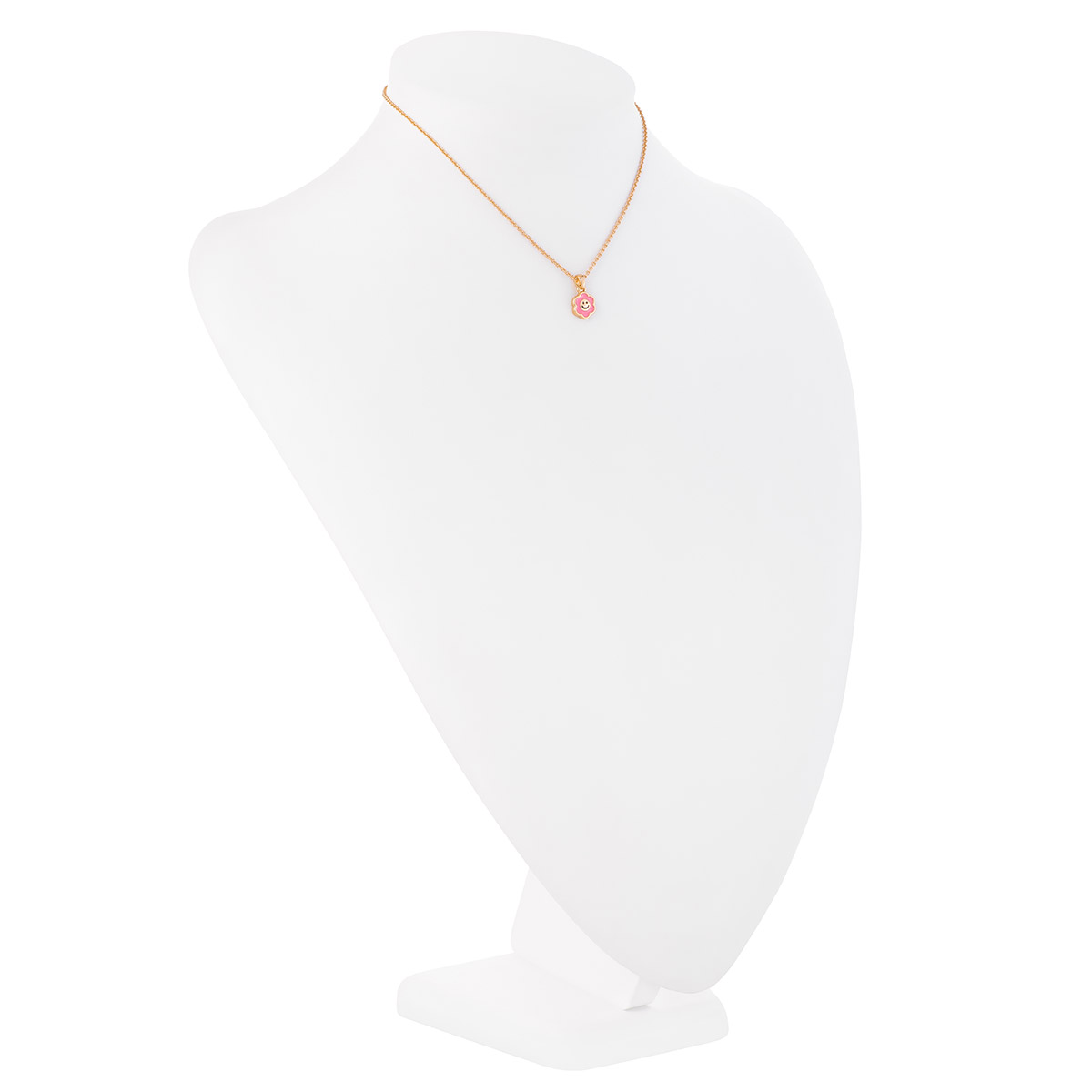 Divertido collar en baño de oro, con un dije de flor en tono rosa, que le sonreirá a las más pequeñas. Combínalo con tus aretes
-        Collar
-       34 cm + 5 cm ext.
-        Baño de Oro
-        Esmalte en tono rosa
