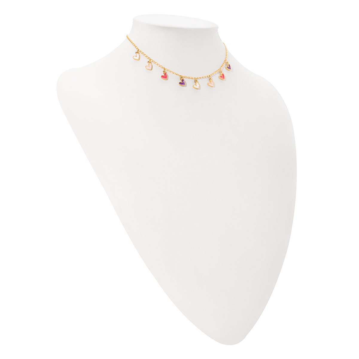 Collar en baño de oro con dijes de corazones y esmalte en tonos pastel rosa morado beige y blanco que realza cualquier estilo.