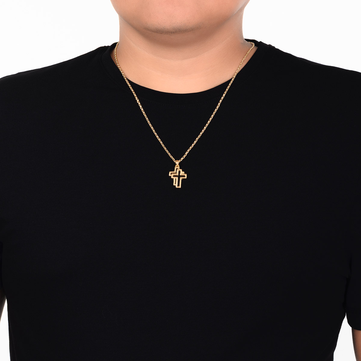 Collar en baño de oro dije cruz doble línea moderno