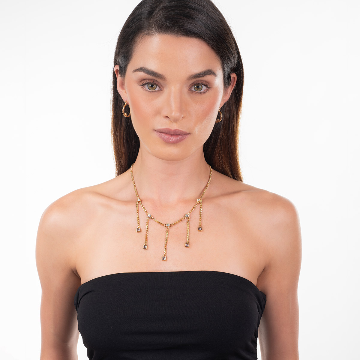 Collar en baño de oro colgantes y piedras toque brillante