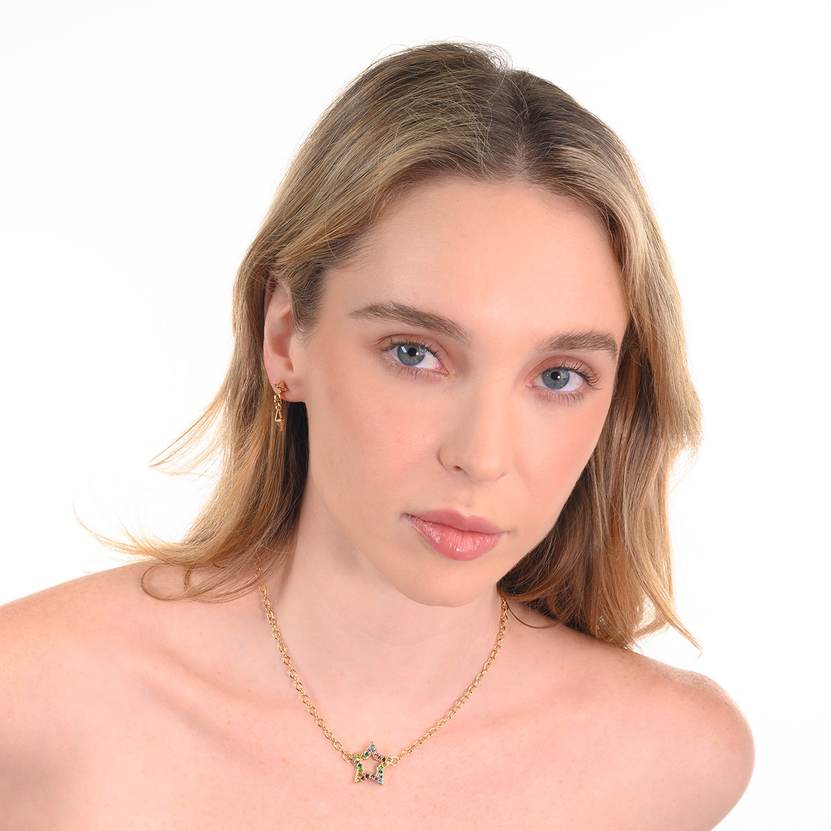 Collar en baño de oro colgante estrella piedras colores