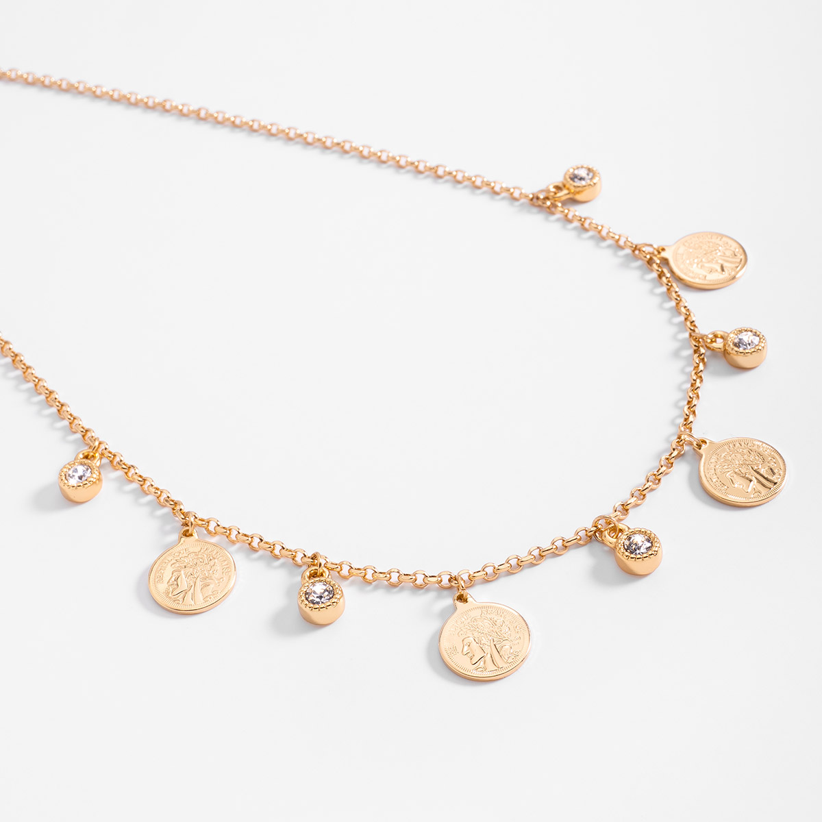 Collar en baño de oro con charms de monedas y toque brillante 42 cm + 10 cm