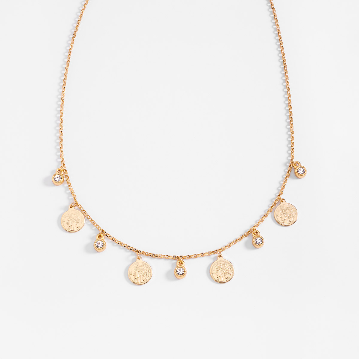 Collar en baño de oro con charms de monedas y toque brillante 42 cm + 10 cm